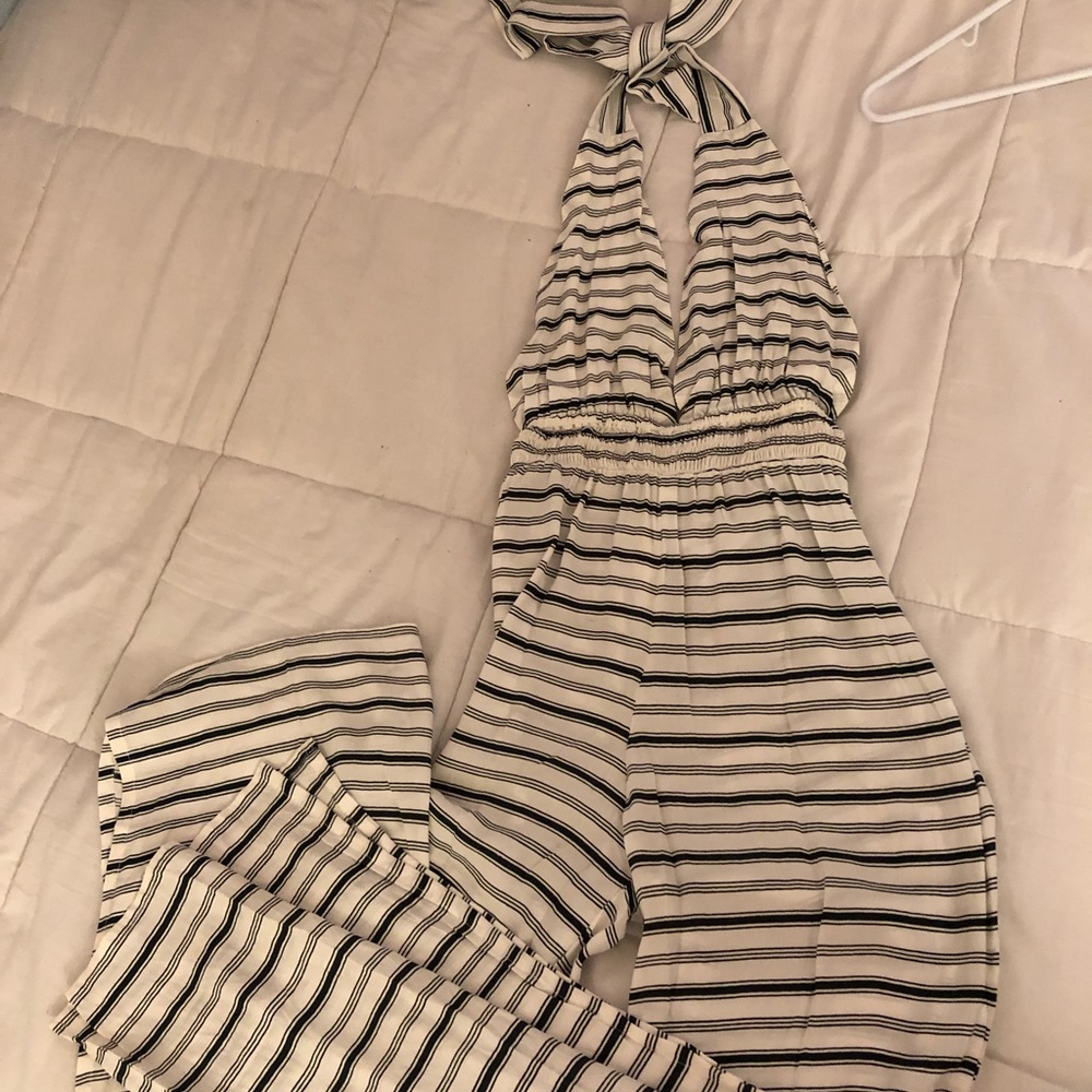 white and navy blue striped jumper/romper